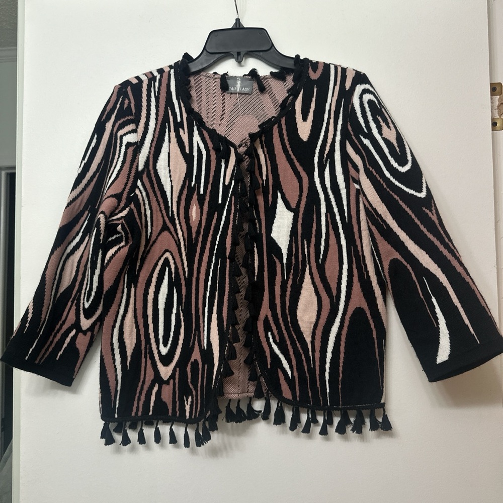 Elegant Retro Tassel Black and Pink Patterned Women's Cardigan Clasp Sweater